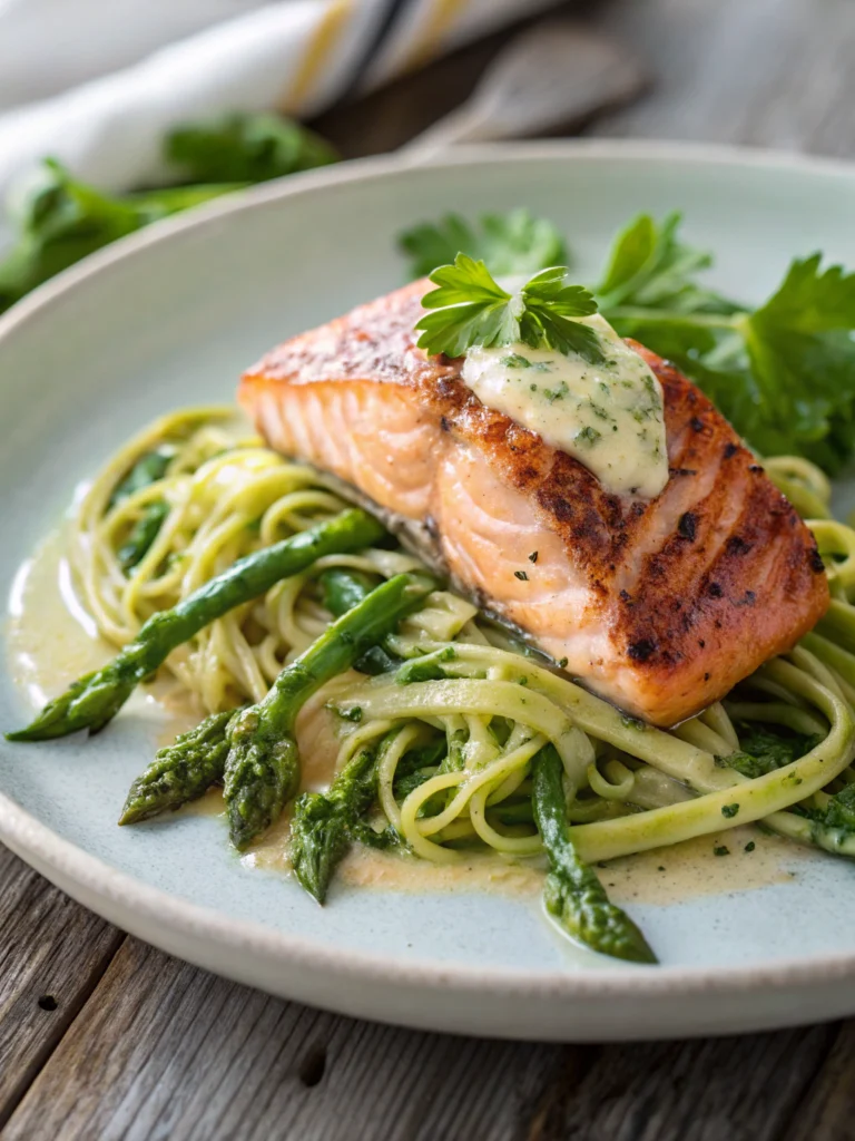 Easy Garlic Butter Salmon with Asparagus Linguine