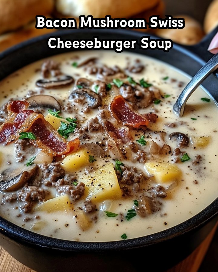 Easy Bacon Mushroom Swiss Cheeseburger Soup Ready in 30 Minutes