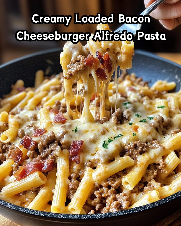 Ultimate Creamy Loaded Bacon Cheeseburger Alfredo Pasta