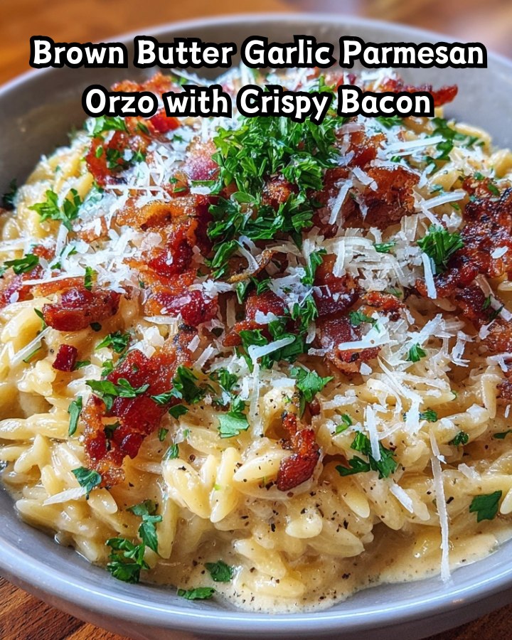 Easy Brown Butter Garlic Parmesan Orzo with Crispy Bacon