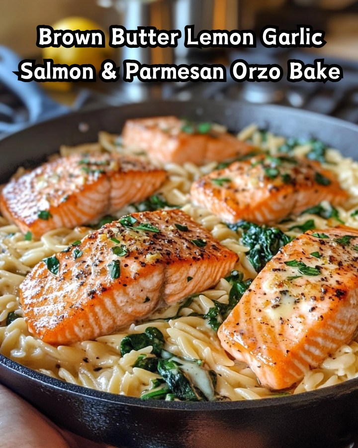 Easy Brown Butter Lemon Garlic Salmon & Parmesan Orzo Bake