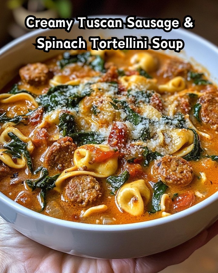 Easy Creamy Tuscan Sausage & Spinach Tortellini Soup
