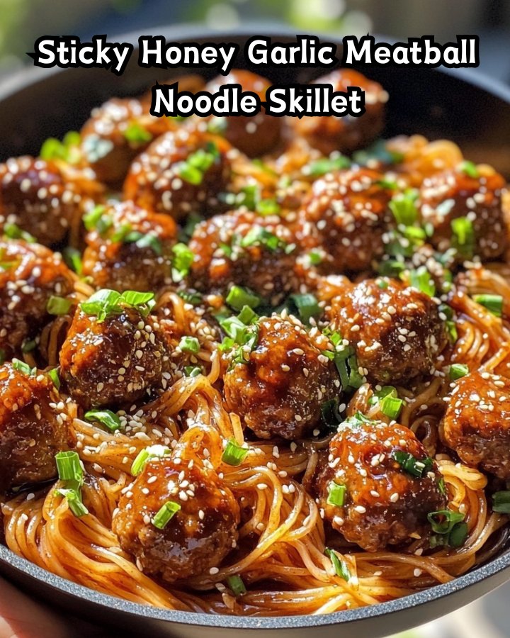 Easy Sticky Honey Garlic Meatball Noodle Skillet Ready in 30 Minutes