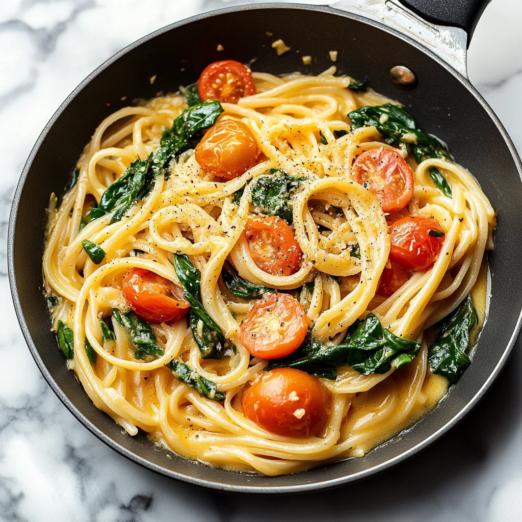 Garlic Butter Pasta with Tomatoes and Spinach step by step