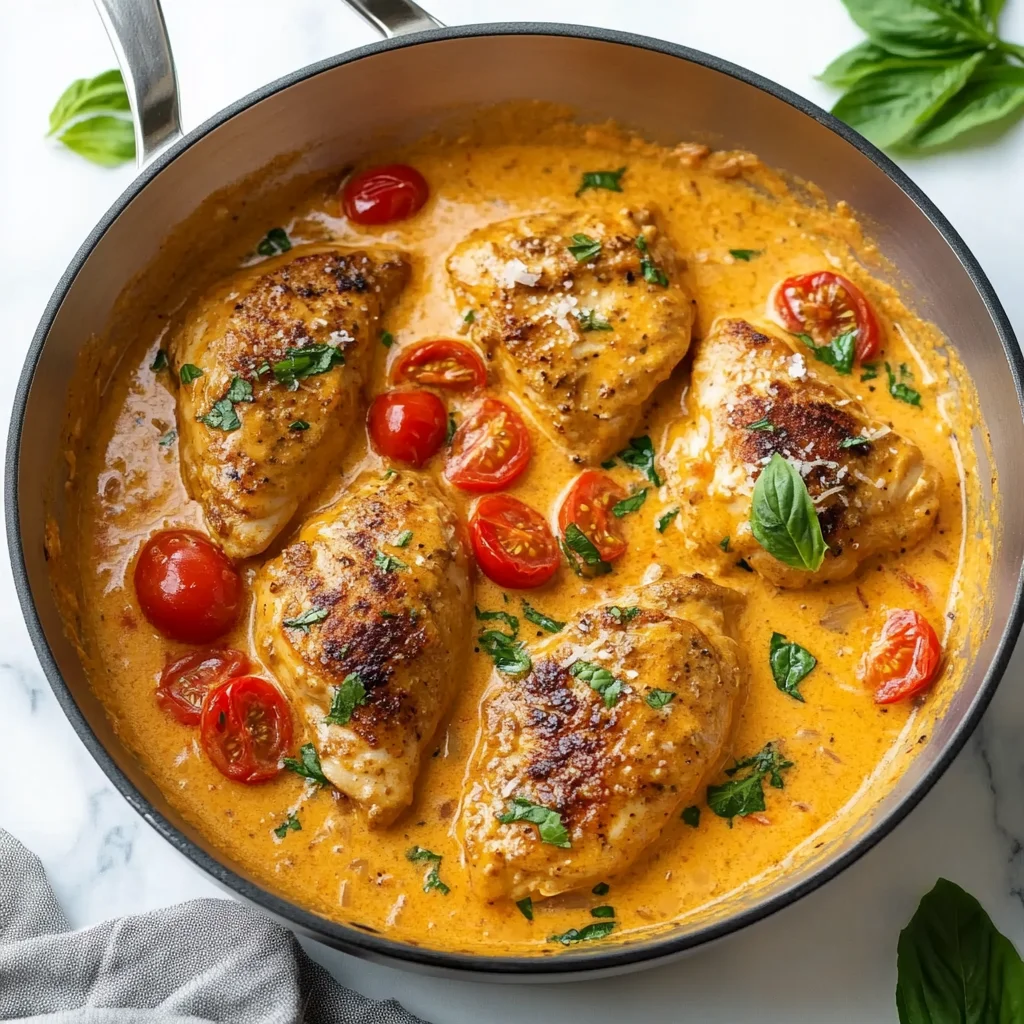 Creamy Tomato Chicken or Tomato Chicken is an easy skillet meal with chicken breast smothered in a creamy tomato sauce with garlic, Parmesan, and cherry tomatoes step by step