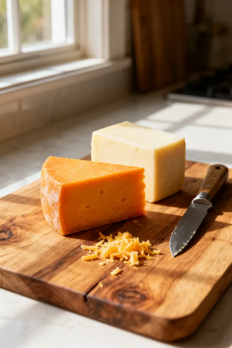 Blocks of cheddar and Monterey Jack cheese on a wooden board