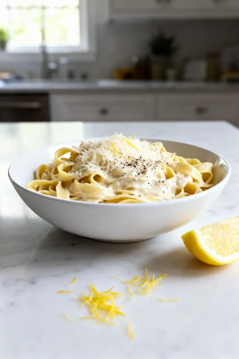 Bowl of creamy lemon alfredo fettuccine with parmesan and lemon zest