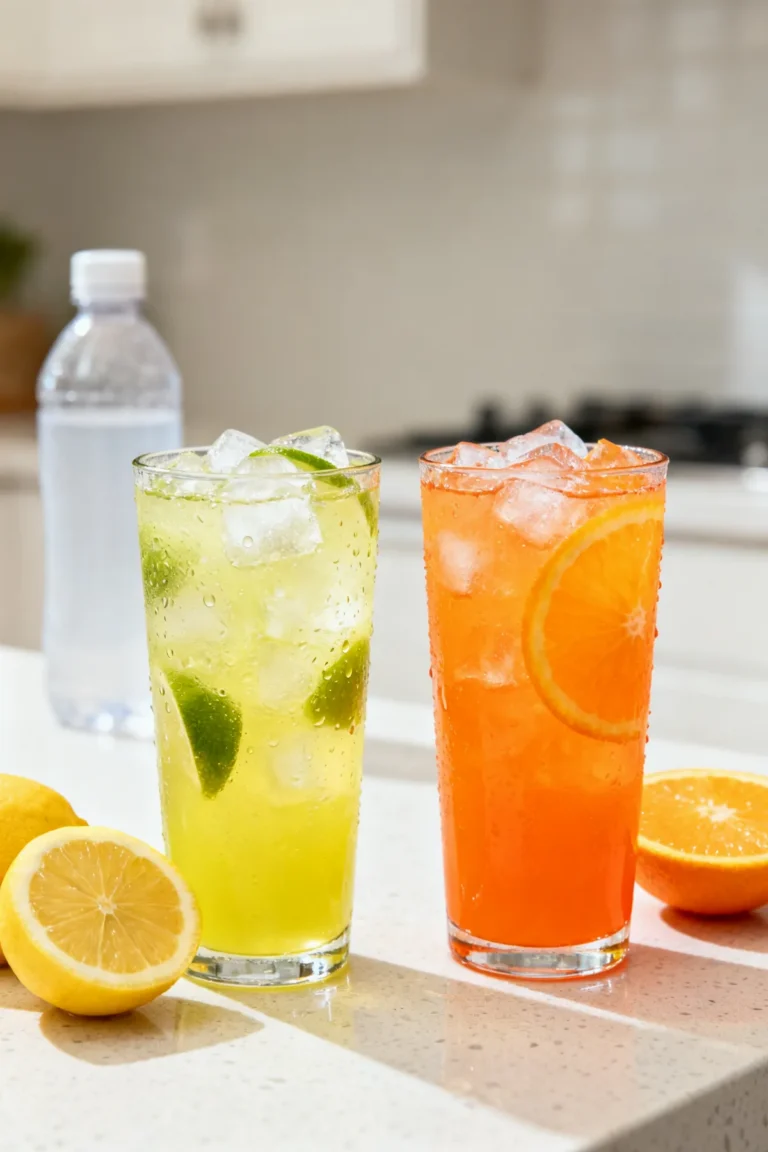 Glasses of lime and orange citrus sports drink over ice